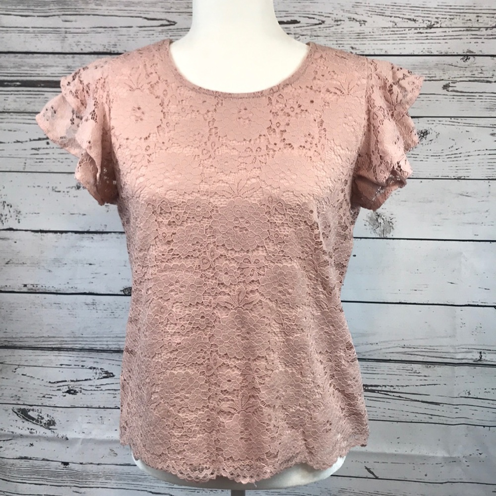 Adrianna Papell- Lace flutter sleeve blouse, blush